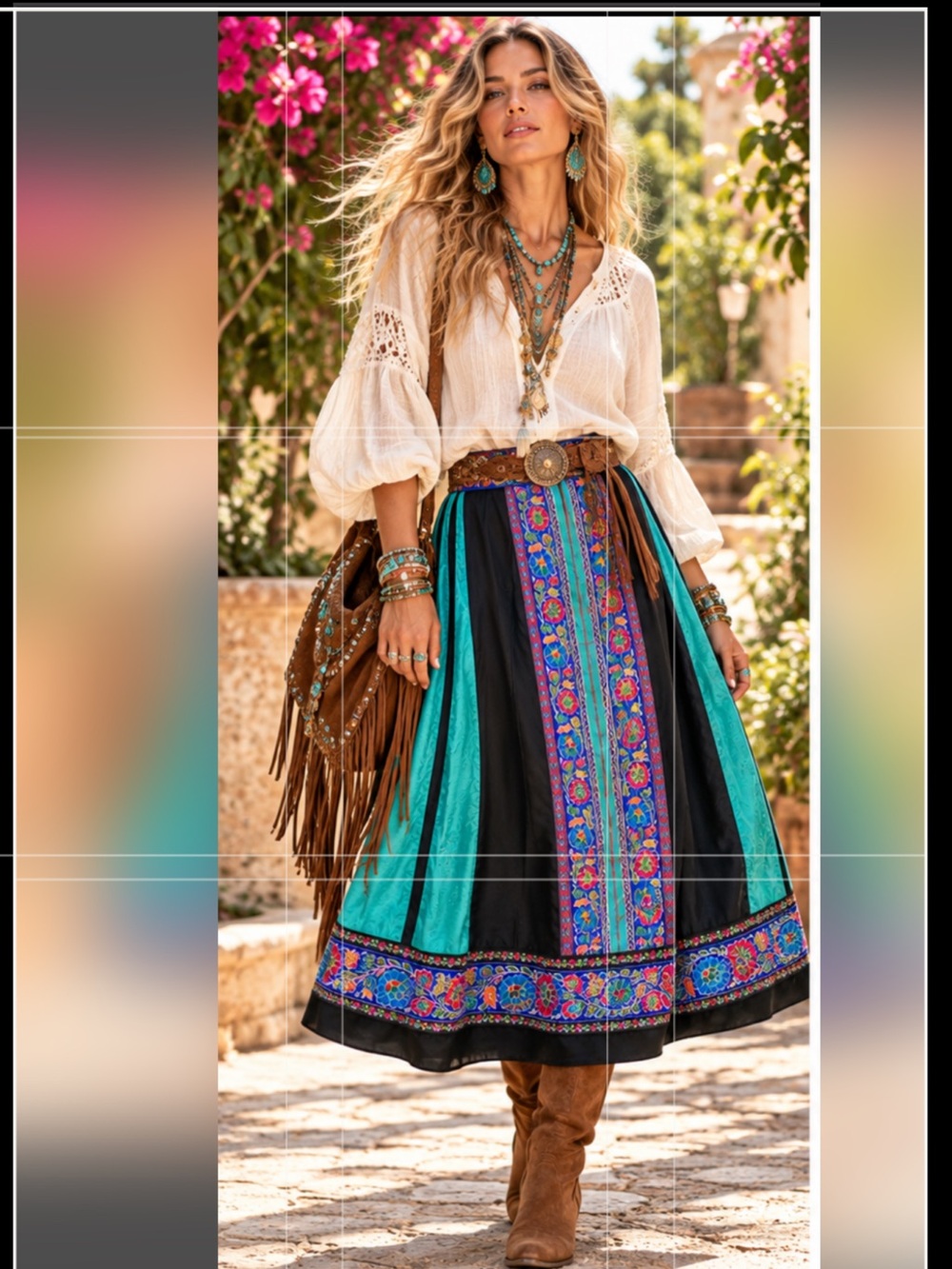 J. Peterman Size 12 Gypsy Boho Silk Multi Ribbon Midi Skirt festival boho